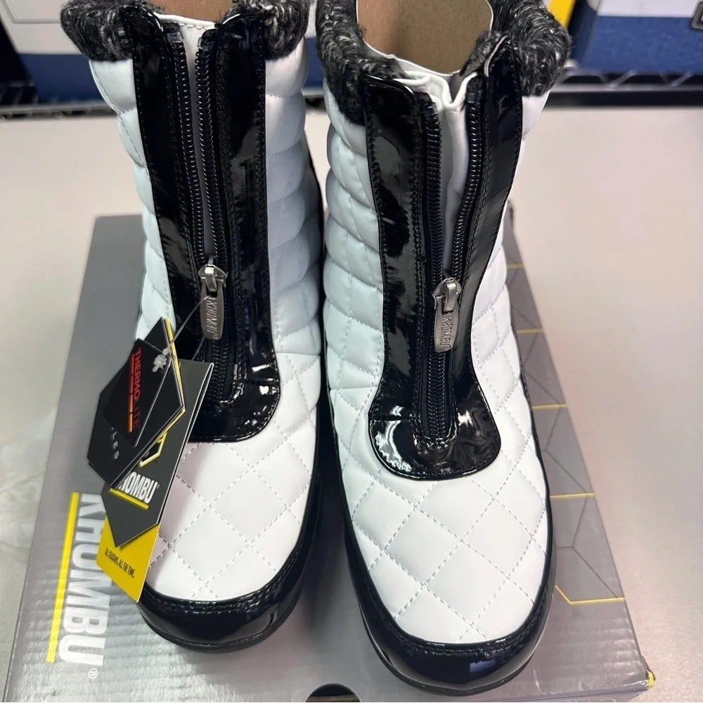 Khombu Megan Snow Boots White/Black Fur Trim Zip Thermolite Size 8
